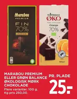 MENY MARABOU PREMIUM ELLER GRØN BALANCE ØKOLOGISK MØRK CHOKOLADE, DKK 25 tilbud