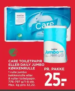 MENY CARE TOILETPAPIR ELLER DAILY JUMBO KØKKENRULLE, DKK 25 tilbud