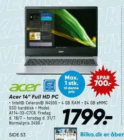 Bilka Acer 14 Full HD PC, DKK 1799 tilbud