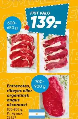 Bilka Entrecotes, ribeyes eller argentinsk angus okseroast, DKK 139 tilbud