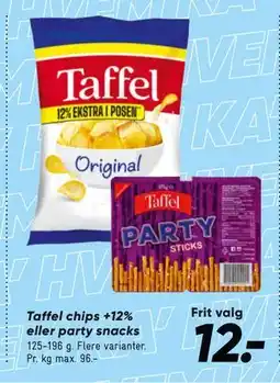 Bilka Taffel chips +12% eller party snacks, DKK 12 tilbud