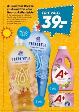 Bilka A+ Summer Breeze vaskemiddel eller Noora skyllemiddel, DKK 39 tilbud