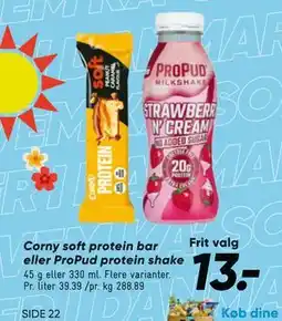 Bilka Corny soft protein bar eller ProPud protein shake, DKK 13 tilbud