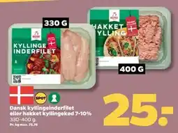 Netto Dansk kyllingeinderfilet eller hakket kyllingekød 7-10%, DKK 25 tilbud