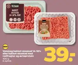 Netto Velsmag hakket oksekød 14-18% eller hakket oksekød med rodfrugter og ærteprotein, DKK 39 tilbud