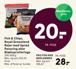 SPAR Fish & Chips, Royal Greenland Rejer med Sprød Panering eller Blæksprutteringe, DKK 28, App-pris tilbud