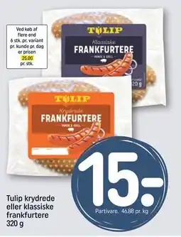 REMA 1000 Tulip krydrede eller klassiske frankfurtere 320 g, DKK 15 tilbud