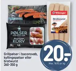 REMA 1000 Grillpølser i baconsvøb, kyllingepølser eller bratwurst, DKK 20 tilbud