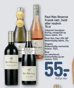 REMA 1000 Paul Mas Reserve Fransk rød-, hvid- eller rosévin 75 cl, DKK 55 tilbud