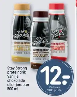 REMA 1000 Stay Strong proteindrik Vanilje, chokolade eller jordbær 500 ml, DKK 12 tilbud