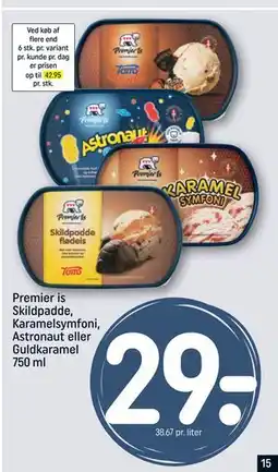 REMA 1000 Premier is Skildpadde, Karamelsymfoni, Astronaut eller Guldkaramel 750 ml, DKK 29 tilbud