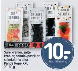REMA 1000 Sure kranier, salte kranier, salmiakpastiller salmiakmix eller Panda Pepe XXL 70-80 g, DKK 10 tilbud