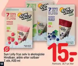 REMA 1000 Sun Lolly frys selv is økologiske Hindbær, æble eller solbær 7. stk./420 ml, DKK 15 tilbud