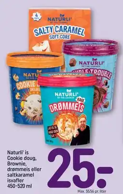 REMA 1000 Naturli' is Cookie doug, Brownie, drømmeis eller saltkaramel isvafler 450-520 ml, DKK 25 tilbud