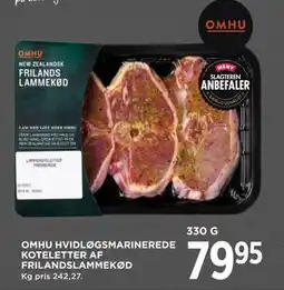 MENY OMHU HVIDLØGS MARINEREDE KOTELETTER AF FRILANDSLAMMEKØD, DKK 79.95 tilbud