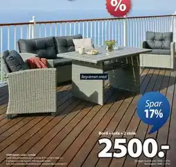 JYSK VISBY bord + sofa + 2 stole, DKK 2500 tilbud