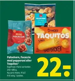 Coop 365 Pølsehorn, focaccia med pepperoni eller Taquitos* tilbud