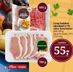 Dagli'Brugsen Coop hakket oksekød 4-7% eller koteletter tilbud