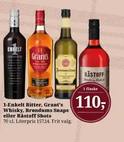 Dagli'Brugsen 1-Enkelt Bitter, Grant's Whisky, Brøndums Snaps eller Råstoff Shots tilbud