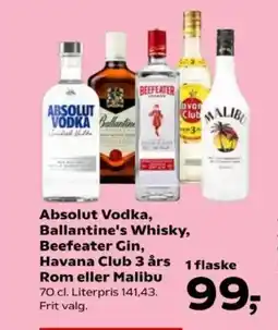 Kvickly Absolut vodka, ballantine's whisky, beefeater gin, havana club 3 års rom eller malibu tilbud