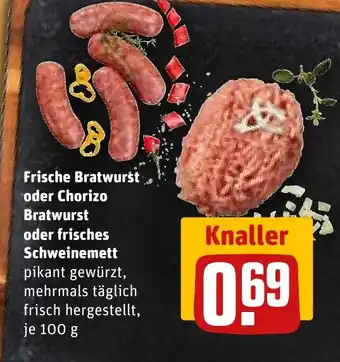 REWE DE Frische Bratwurst oder Chorizo Bratwurst oder frisches Schweinemett tilbud