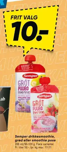 Bilka Semper drikkesmoothie, grød eller smoothie pose, DKK 10 tilbud