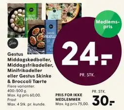 SPAR Middags frikadeller, Minifrikadeller eller Gestus Skinke & Broccoli Tærte, DKK 30, App-pris tilbud