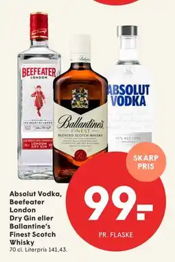 SPAR Absolut Vodka, Beefeater London Dry Gin eller Ballantine’s Finest Scotch Whisky, DKK 99 tilbud