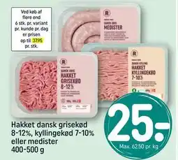 REMA 1000 Hakket dansk grisekød 8-12%, kyllingekød 7-10% eller medister 400-500 g, DKK 25 tilbud