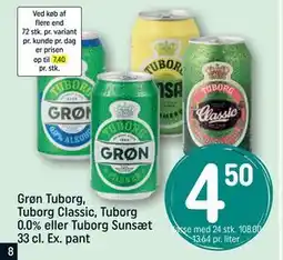 REMA 1000 Grøn Tuborg, Tuborg Classic, Tuborg 0.0% eller Tuborg Sunsæt 33 cl. Ex. pant, DKK 4.5 tilbud