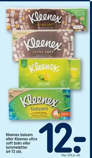 REMA 1000 Kleenex balsam eller Kleenex ultra soft boks eller lommeletter 64-72 stk., DKK 12 tilbud