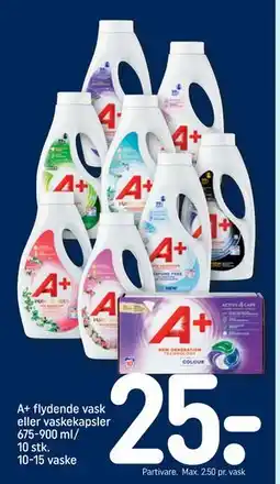 REMA 1000 A+ flydende vask eller vaskekapsler 675-900 ml/ 10 stk. 10-15 vaske, DKK 25 tilbud