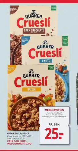 MENY QUAKER CRUESLI, DKK 32, App-pris tilbud