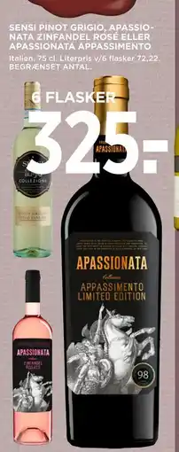 MENY SENSI PINOT GRIGIO, APASSIONATA ZINFANDEL ROSÉ ELLER APASSIONATA APPASSIMENTO, DKK 325 tilbud