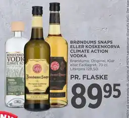 MENY BRØNDUMS SNAPS ELLER KOSKENKORVA CLIMATE ACTION VODKA, DKK 89.95 tilbud