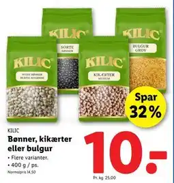 Bønner, kikærter eller bulgur, DKK 10