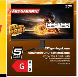Power Ultrahurtig QHD-gamingskærm CEPTER 27" gamingskærm tilbud