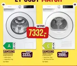 Skousen SAMSUNG VASKEMASKINE WW90T606CHE + SAMSUNG TØRRETUMBLER DV90T6240HE, DKK 7332 tilbud
