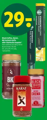 Coop 365 Black Coffee, Karat, BKI instant kaffe eller Starbucks kapsler tilbud