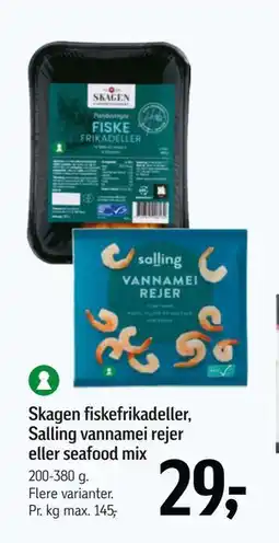 Føtex Skagen fiskefrikadeller, Salling vannamei rejer eller seafood mix, DKK 29 tilbud