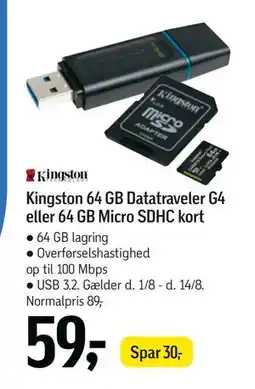 Føtex Kingston 64 GB Datatraveler G4 eller 64 GB Micro SDHC kort, DKK 59 tilbud