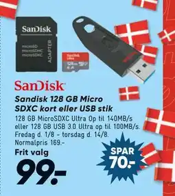Bilka Sandisk 128 GB Micro SDXC kort eller USB stik, DKK 99 tilbud