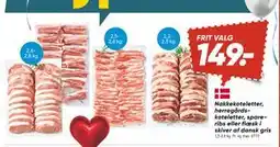 Bilka Nakkekoteletter, herregårdskoteletter, spareribs eller flæsk i skiver af dansk gris, DKK 149 tilbud