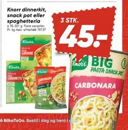 Bilka Knorr dinnerkit, snack pot eller spaghetteria, DKK 45 tilbud