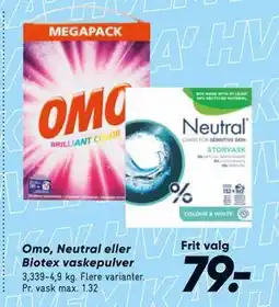 Bilka Omo, Neutral eller Biotex vaskepulver, DKK 79 tilbud