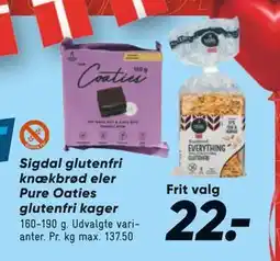 Bilka Sigdal glutenfri knækbrød eler Pure Oaties glutenfri kager, DKK 22 tilbud