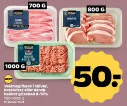Netto Velsmag flæsk i skiver, koteletter eller dansk hakket grisekød 8-12%, DKK 50 tilbud