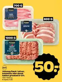 Netto Velsmag flæsk i skiver, koteletter eller dansk hakket grisekød 8-12%, DKK 50 tilbud