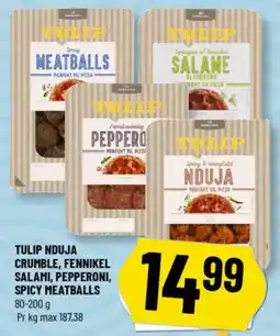 Løvbjerg Tulip nduja crumble, fennikel salami, pepperoni, spicy meatballs tilbud
