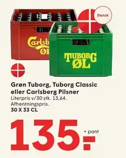 SPAR Grøn Tuborg, Tuborg Classic eller Carlsberg Pilsner, DKK 135 tilbud